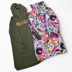 BUNDLE! 2 Edgy Graphic Sweatshirt Dresses | Green Queen & Graffiti Print